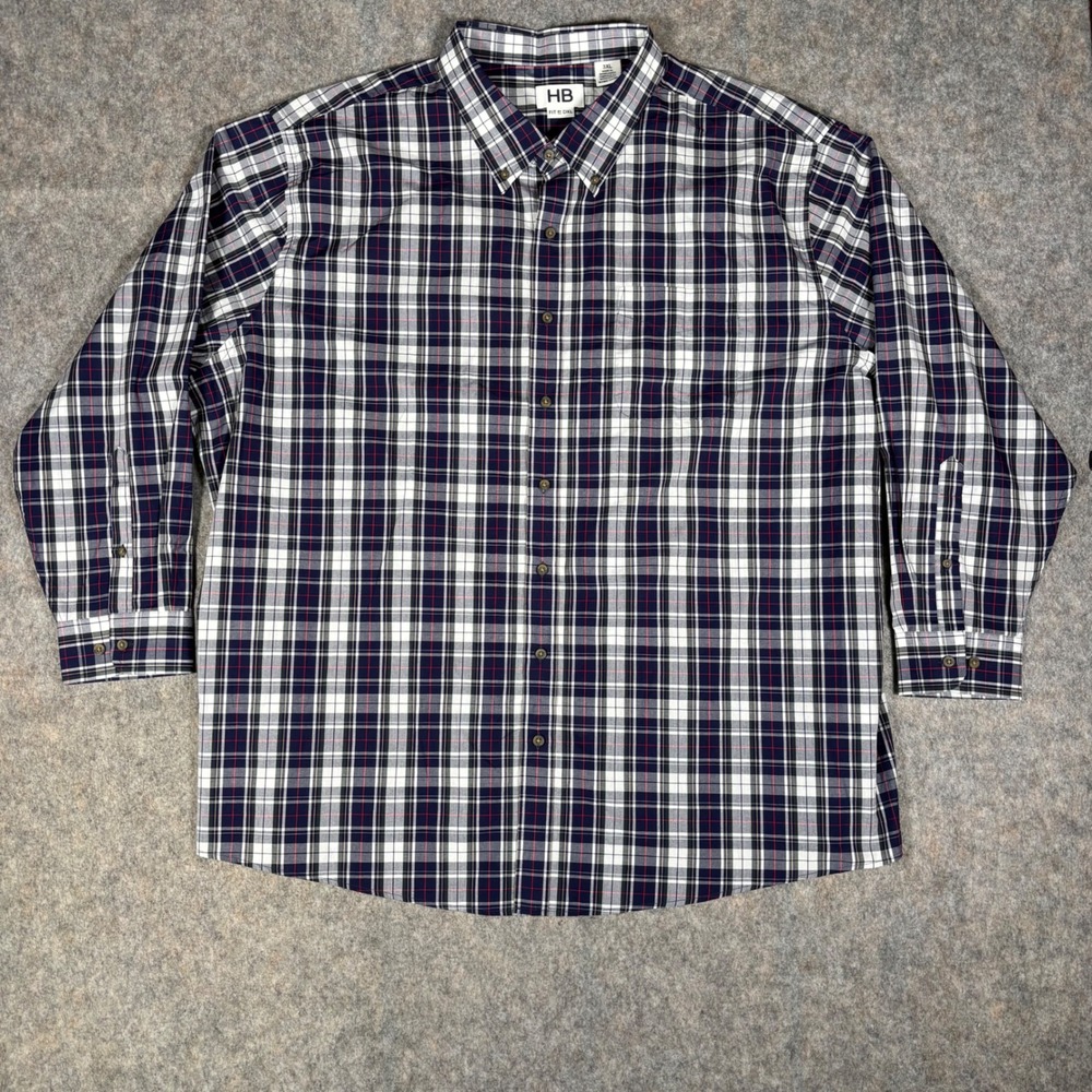 HB Fit by DXL Button Down Shirt Mens 3XL Blue White Plaid Long Sleeve Big & Tall